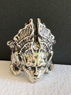 Silver-Tone Gothic Winged Face Statement Ring